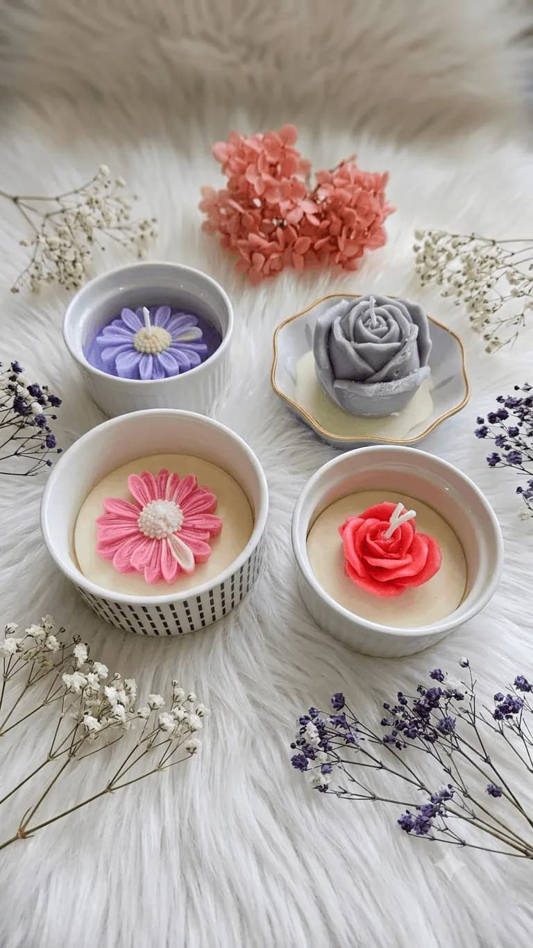 Four petite flower candles in ribbed ceramic bowls