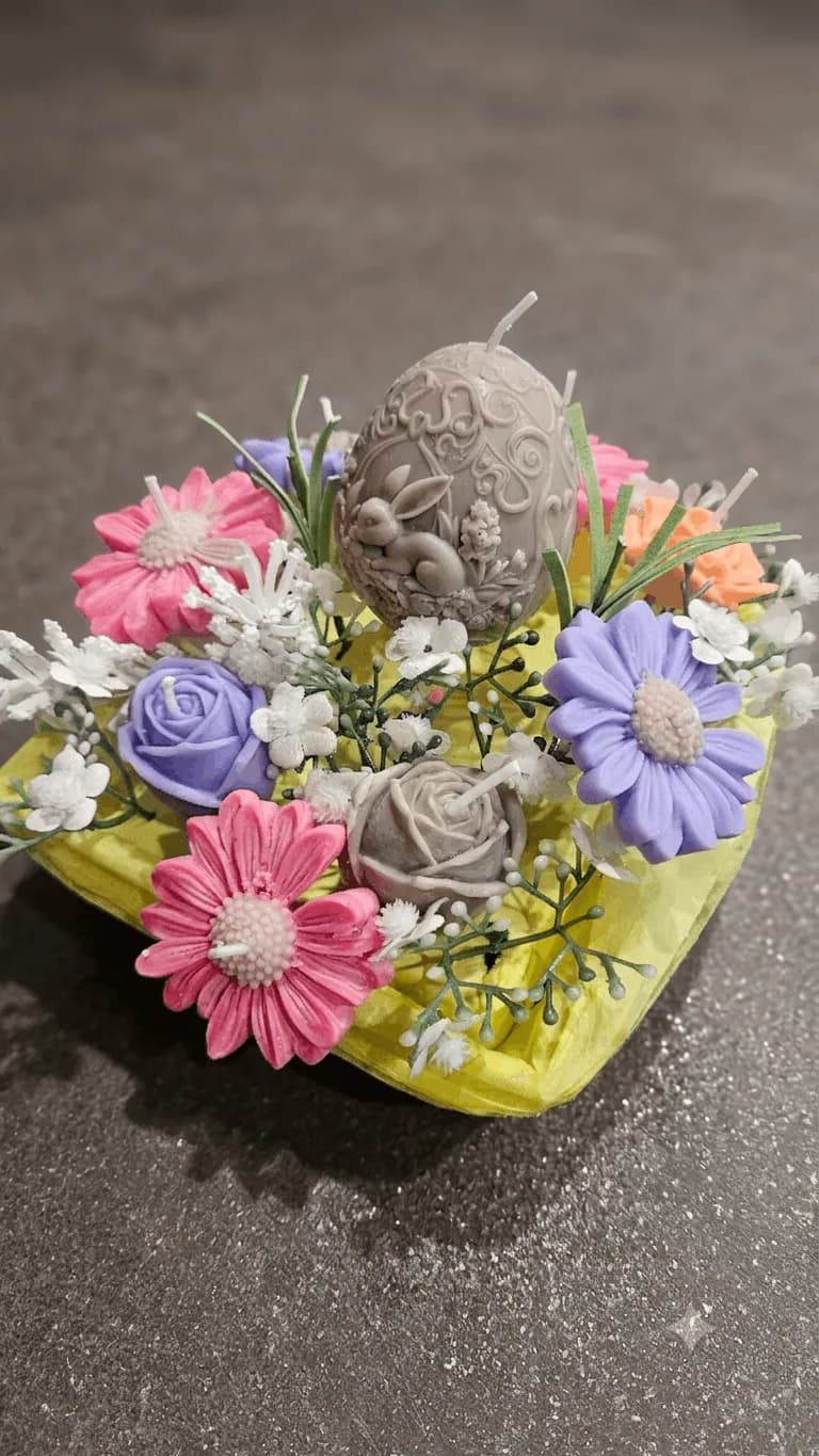 Colourful floral candle arrangement with a sculpted heart