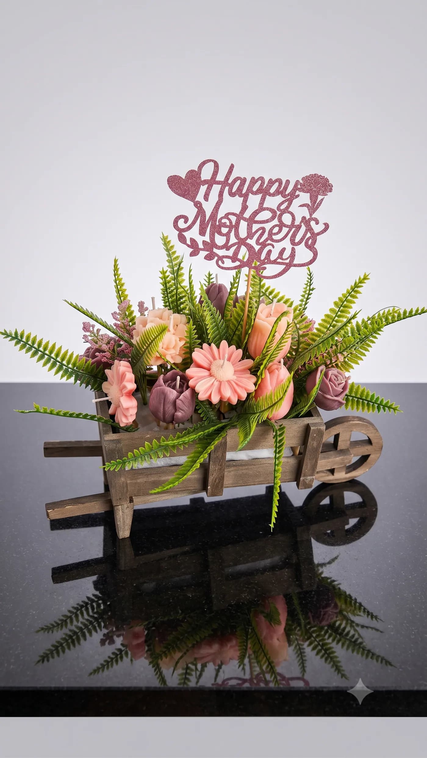 Mother's Day candle garden in a rustic wooden cart