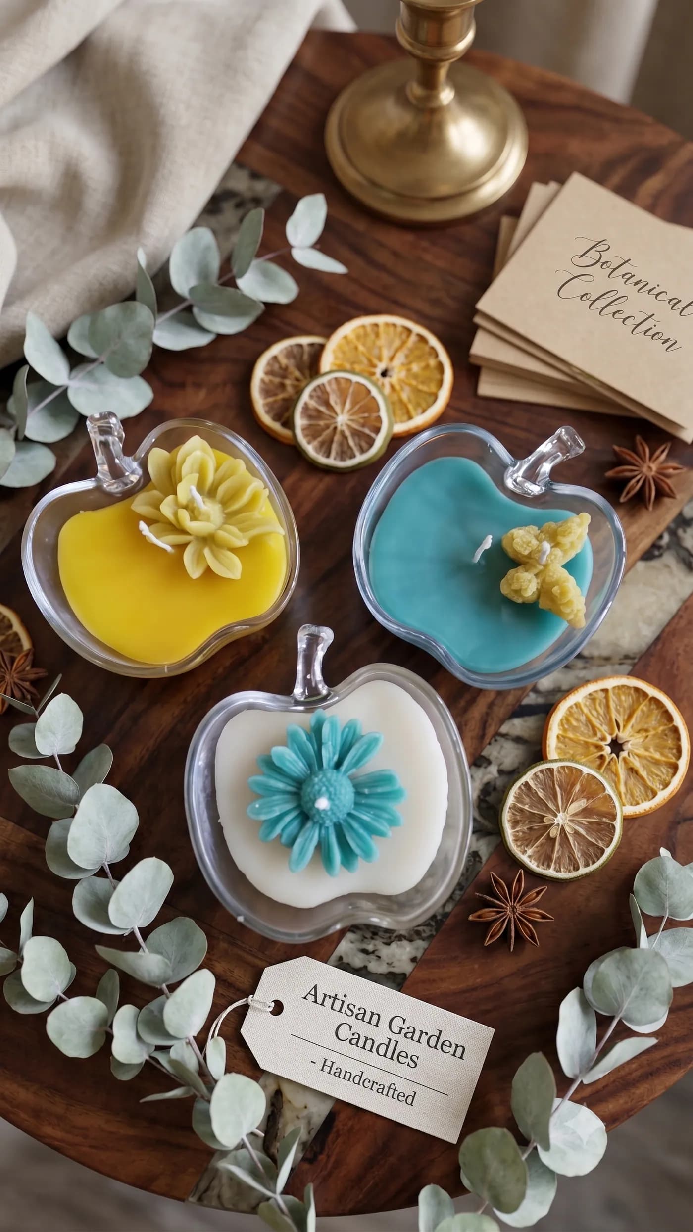 Four colourful flower wax melts on a warm wooden table