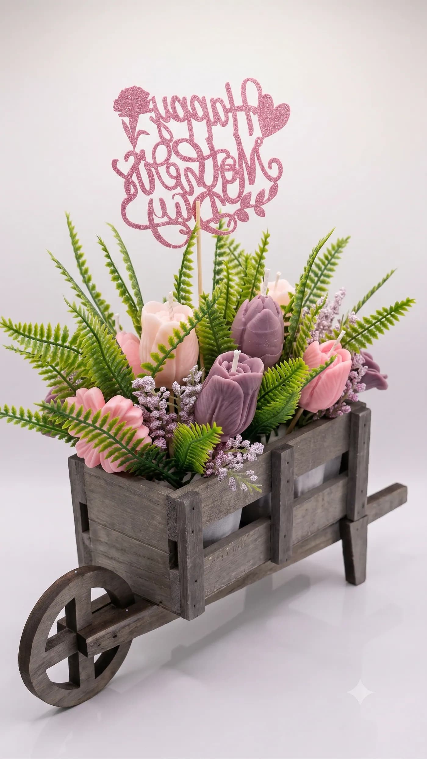 Mother's Day floral candle garden in a rustic wooden cart